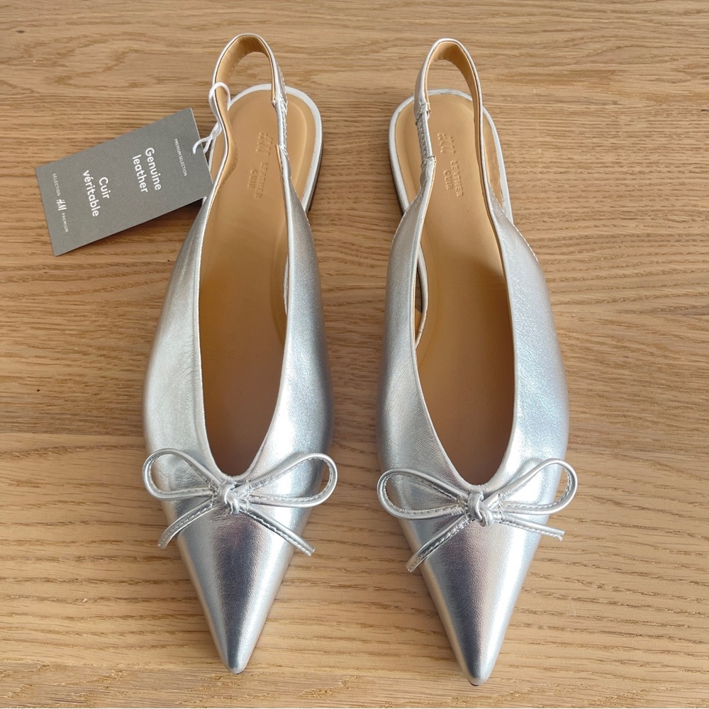 H&M Silver leather slingback ballet Flats with Bow Detail size 8 metallic office - Picture 5 of 13